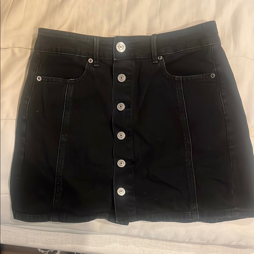 Black Button-Front Denim Skirt